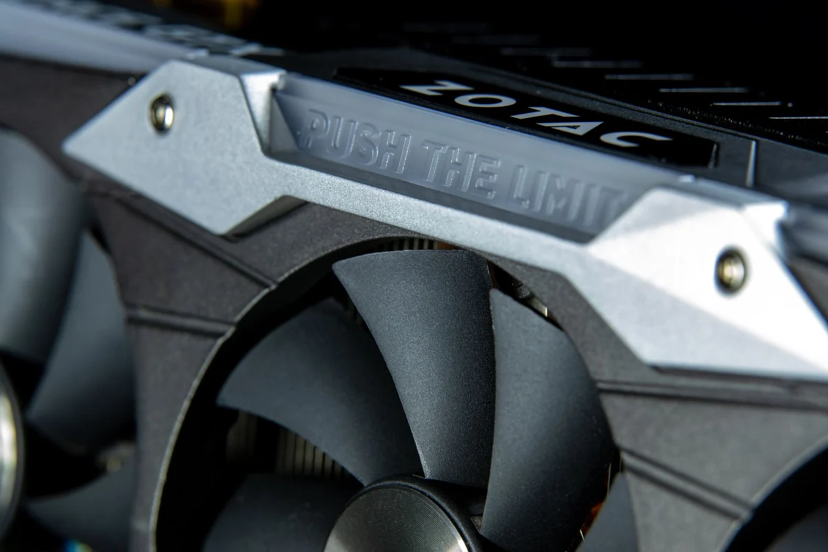 Close view of a graphics card with a large fan