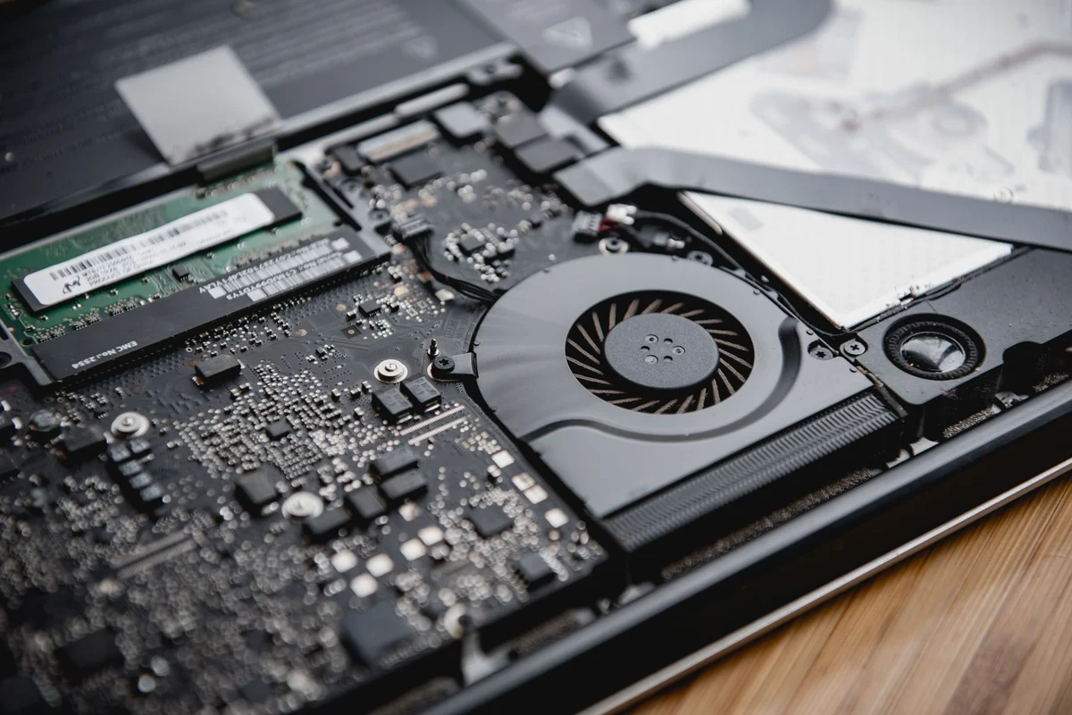 Open laptop with visible internal components