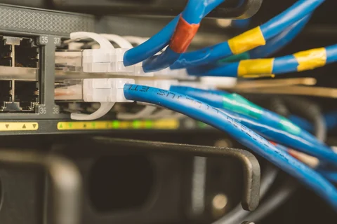 Blue Ethernet cables connected to a switch