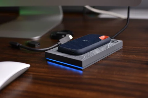 Portable SSD with a cable on a desk