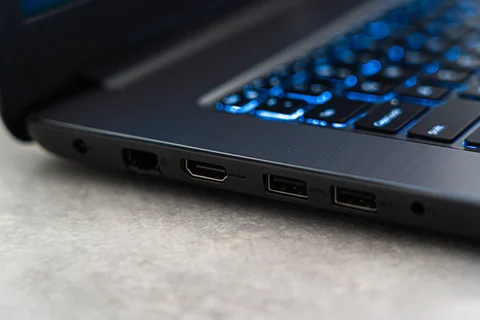 Different ports along the side of a laptop